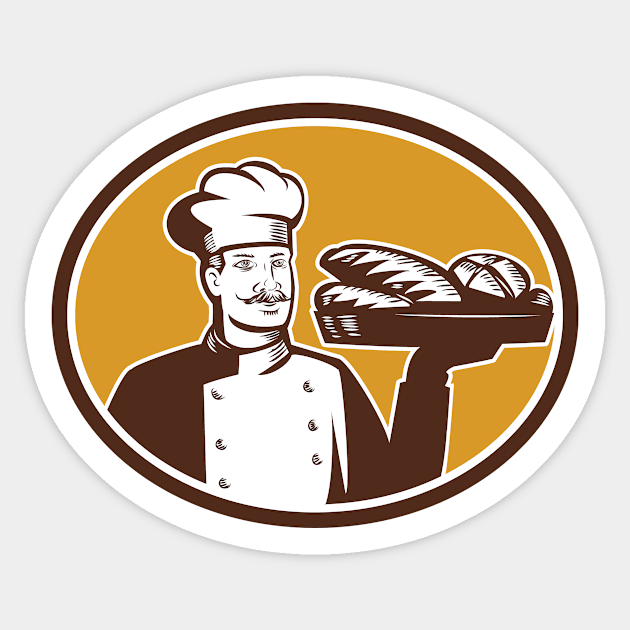 Baker Serving Bread Loaf Woodcut Sticker by retrovectors